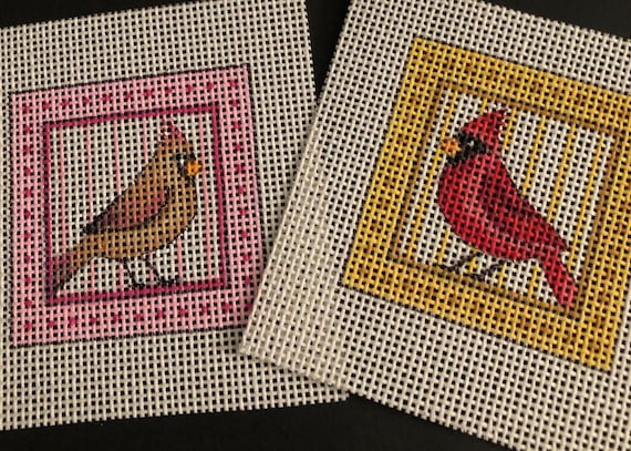 Mini Male/Female Cardinals Super Cute Needlepoint hand painted canvas, 2" perfect size as a bag charm, ornament, tabletop display, or wall