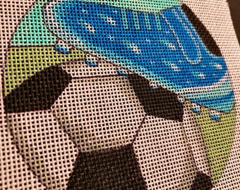 Soccer needlepoint hand painted canvas, 4" perfect size for sport lovers soccer ornaments, coasters, wall decor or table top display