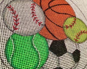 Sport Lovers Needlepoint Hand Painted Soccer, Basketball, Tennis, Baseball, Softball 4" perfect size ornament wall decor or tabletop display