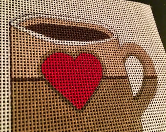 I Love Coffee Mug Needlepoint hand painted canvas, 4" perfect size for coffee lovers ornaments, coasters, wall decor or tabletop display