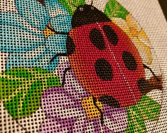 Ladybug colorful flowers hand painted needlepoint canvas, 4" perfect size ornament, wall decor, tabletop, display your beautiful work