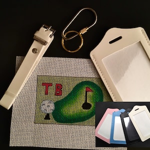 Initial Golf Keychain / Luggage Tag, Hand Painted Needlepoint canvas, Personalization, Plastic Clear Cover Keeps Canvas Clean, Easy Insert