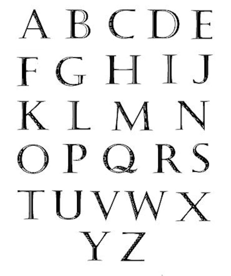 May include: A complete alphabet in a serif font, displayed in black against a white background. The letters are arranged in rows, from A to Z, with each letter clearly visible. The font has a classic, elegant style.