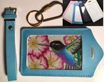 Hummingbird Luggage Tag / keychain / Bag Charm Multiuse Hand Painted Needlepoint canvas, Clear Plastic Cover Keeps Canvas Clean, Easy Insert