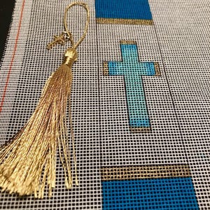 Blue - Gold Cross Bookmark, hand painted needlepoint 1.5" x 6" sparkle when stitched w/metallic threads, optional gold-plated cross w/tassel