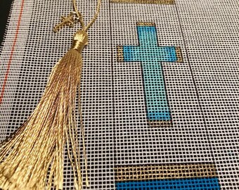 Blue - Gold Cross Bookmark, hand painted needlepoint 1.5" x 6" sparkle when stitched w/metallic threads, optional gold-plated cross w/tassel
