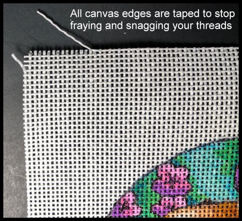 May include: Close-up of a white canvas with a grid pattern, with the text "All canvas edges are taped to stop fraying and snagging your threads." The canvas has colorful embroidery in the corner, featuring purple and green floral designs.