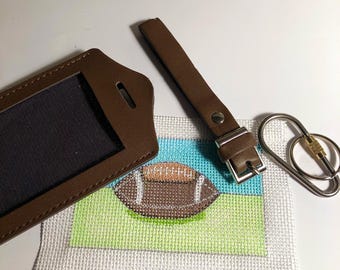 Football Luggage Tag / keychain / Bag Charm - Multiuse Hand Painted Needlepoint Canvas Clear Plastic Cover Keeps Canvas Clean, Easy Insert
