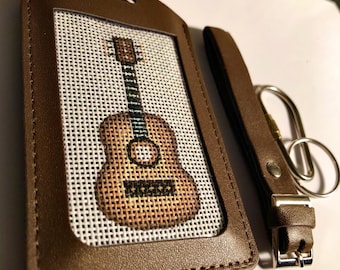 Guitar Luggage Tag/keychain/Bag Charm, Music lover gift, HandPainted Needlepoint canvas, Clear Plastic Cover Keeps Canvas Clean, Easy Insert