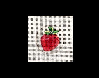 Mini Bag Charm Needlepoint strawberry painted Zweigart canvas, 2" perfect size for mini bag charm, tabletop display, or mini tree ornament.