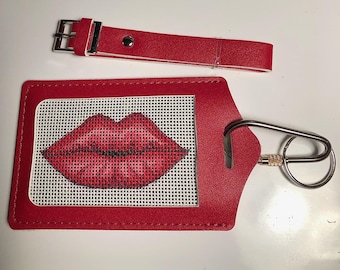 Red Lips Multi-use Keychain / Luggage Tag / Bag charm Hand Painted Needlepoint canvas, Plastic Clear Cover Keeps Canvas Clean, Easy Insert