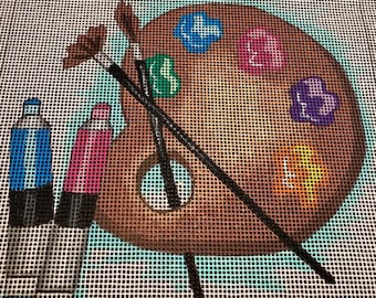 Artist Paint Palette Needlepoint hand painted on Zweigart Deluxe canvas, 8" x 8" perfect size wall decor or desk display.