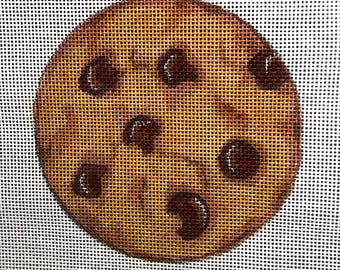 Chocolate Chip Cookie Hand Painted Needlepoint Canvas  4" perfect size ornament, tabletop or wall decor. Free needlepoint display stand