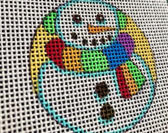 Mini Snowman Super Cute Needlepoint hand painted canvas, 2" perfect size bag charm, ornament, keychain, or tabletop display