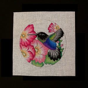 Colorful Hummingbird needlepoint hand painted canvas, 4&quot; perfect size ornaments, wall decor or tabletop with free tabletop display stand