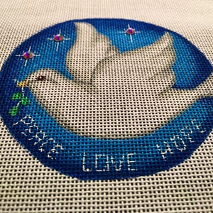Hand Painted Dove Needlepoint canvas, Peace Love Hope, 4&quot; perfect size ornament, coaster, tabletop display or wall decor.