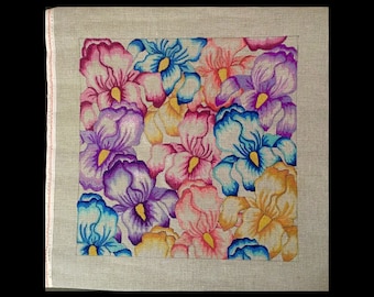 Hand painted Needlepoint canvas Iris Flowers Collage on orange line Zweigart canvas, beautiful colors 14" x 14" pillow or wall hanging.
