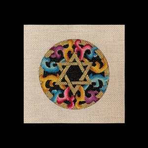 Needlepoint canvas Star of David hand painted, 4&quot; perfect size ornament, tabletop display, or wall decor, Free needlepoint display stand