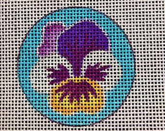 Mini Pansy needlepoint hand painted 2" perfect size bag charm, mini ornament