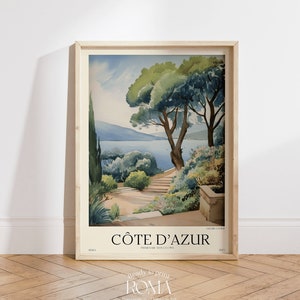 Cartel Costa Azul. Decoración de la Riviera Francesa. Arte Mediterráneo. Mural . Cartel costero vintage. Arte navideño vintage. Arte imprimible