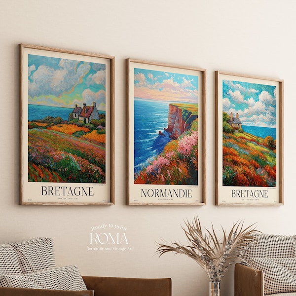 BRETAGNE and NORMANDIE Poster . SET of 3 Posters . French Vintage Travel . Seaside Art Print . Cottagecore Wall Art . Vintage French Poster