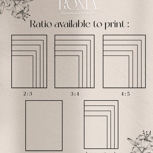 May include: A graphic showing different aspect ratios for printing, including 2:3, 3:4, 4:5, 11x14, and International A1. The text "Ready to print" and "ROMA Romantic and Vintage Art" is at the top of the graphic. The text "Ratio available to print" is below the text at the top. The text "More details in the description" is at the bottom of the graphic.