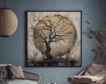May include: A living room interior design with a blue wall, a wicker sofa, a wicker chair, a round coffee table, a rug, a hanging lamp, and a framed painting of a tree with a gold circle behind it.