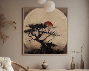May include: A light wood and woven chair with a white cushion sits in a minimalist living room with a large painting of a tree and a red sun. A round ottoman with a white cushion sits in front of the chair. The room has a light wood floor and a light grey rug.