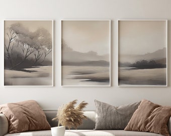 Abstract Landscape Print Set, Sepia Beige Minimalist Art (Digital Download)