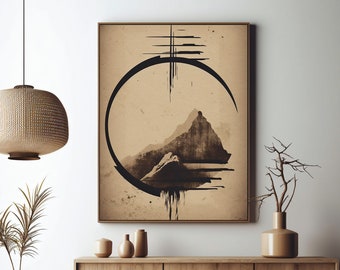 May include: A wooden cabinet with three drawers, a black and white abstract art print of a mountain in a circle, a hanging wicker lamp, and a vase with a leafy plant.