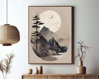 May include: A minimalist art print depicting a stylised landscape with a single tree, mountains, and a crescent moon. The print is framed and hanging on a white wall above a wooden cabinet.