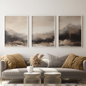 Abstrakter Berg Print 3er Set, Beige Schwarz Minimalistische Wandkunst (Digitaler Download)