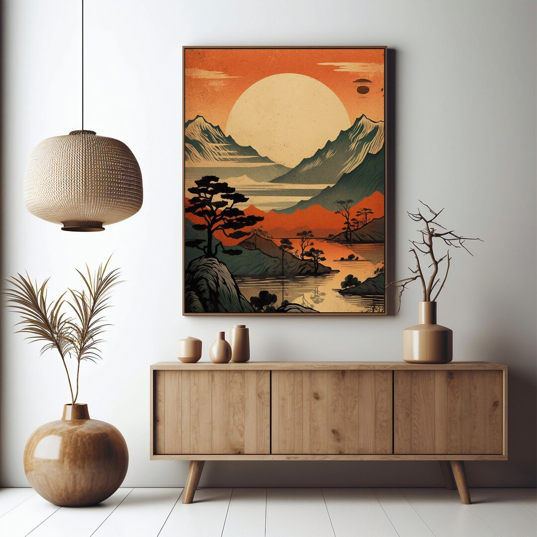 Vintage Japanese Wall Art Decor Print, Japandi Mountain Scenery ...