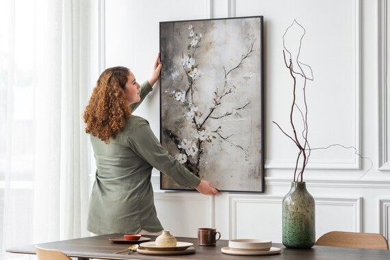 Cherry Blossom Serenity Wall Art - Japanese Inspired Digital Print of Neutral Beige Printable Japandi Decor, Zen Wall Decor