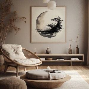 Minimalist Moon and Tree Ink Wash Painting, Zen Asian Art Print ...