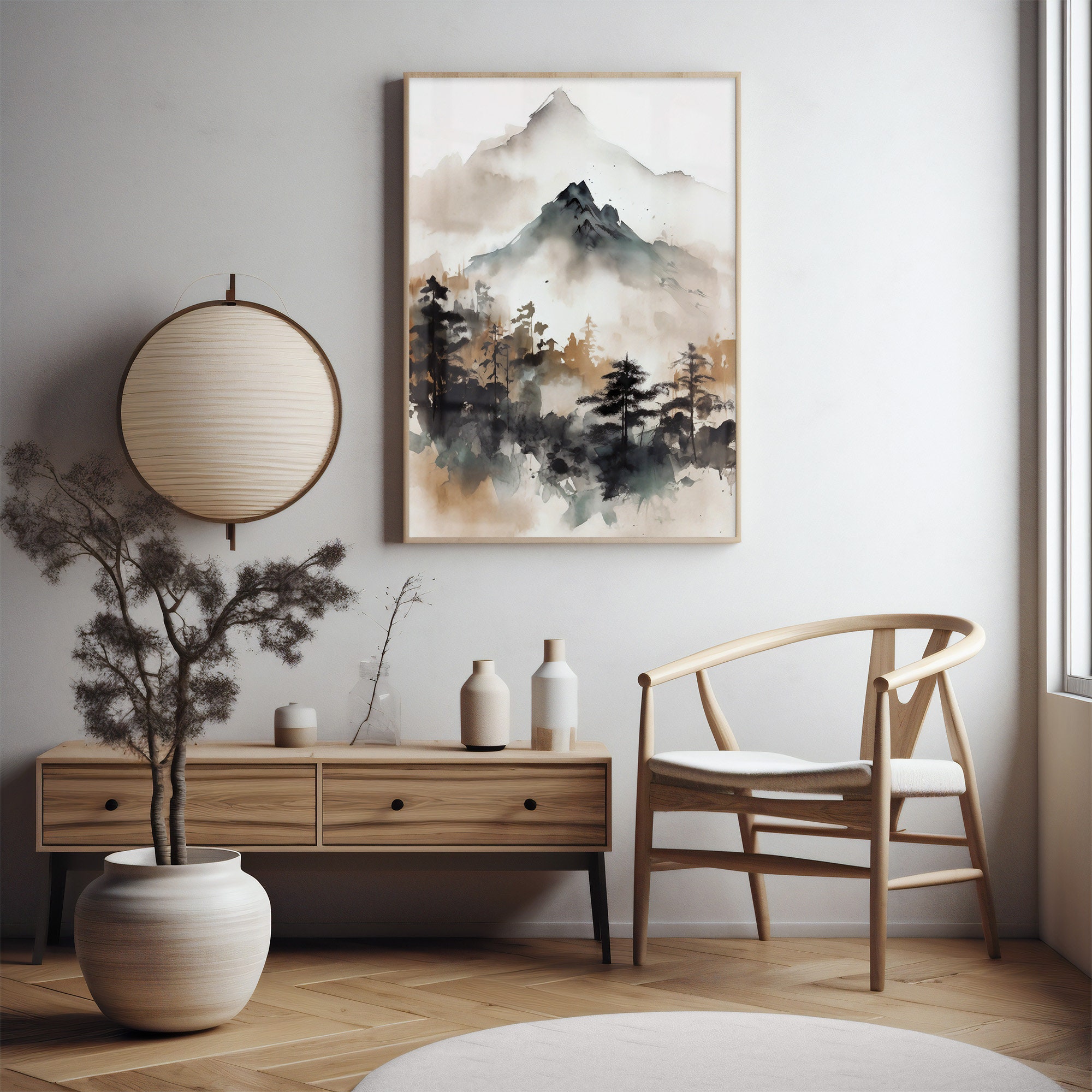 Watercolor Japanese Wall Art Decor Print, Beige Japandi Mountain ...