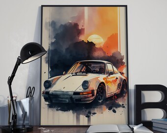 May include: A watercolor painting of a white Porsche 911 driving through a sunset with clouds in the background.