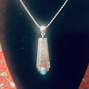 Southwest Looking Necklace, Antique Nuart Pendant, Vintage Silverware Jewelry, Silver and Turquoise Rivet, Pendant, U-Pick Chain Length