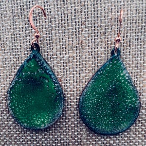Enameled Copper Earrings: Green Teardrop Dangle Jewelry