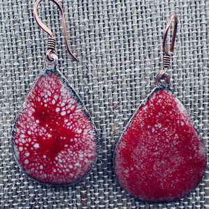 Enameled Copper Earrings: Red & White Crackle Teardrop Dangle