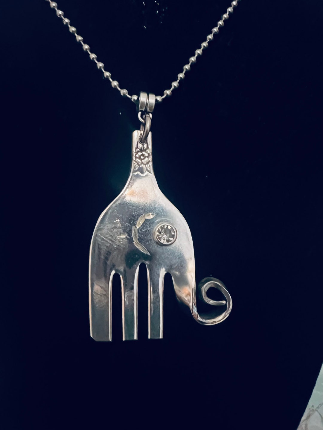 Elephant Necklace, Pendant is Made From a Fork, Crystal Rivet for an