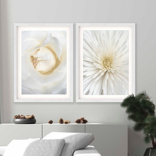 Conjunto de 2 fotos, Láminas de flores blancas, Fotografía descargable, Conjunto para la pared, Decoración tonos neutros, Díptico floral