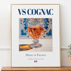 Póster con impresión de coñac VS sobre baldosas de mayólica, bebida tradicional francesa, arte mural para cocina y bar