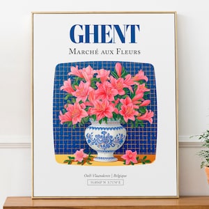 Gante (Oost-Vlaanderen, Bélgica) Marché aux Fleurs, Azalea Bouquet in Maiolica Vase Wall Art Print Póster
