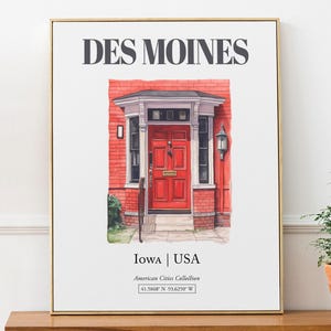 Impressão em aquarela de Des Moines, Iowa, pôster minimalista para arte de porta.