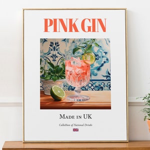 Gin rose sur tuile de Maiolica, affiche imprimée de boisson (boisson) traditionnelle anglaise, art mural de cuisine et de bar