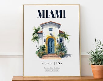 Impression d'art aquarelle de Miami, Floride, affiche de porte minimaliste