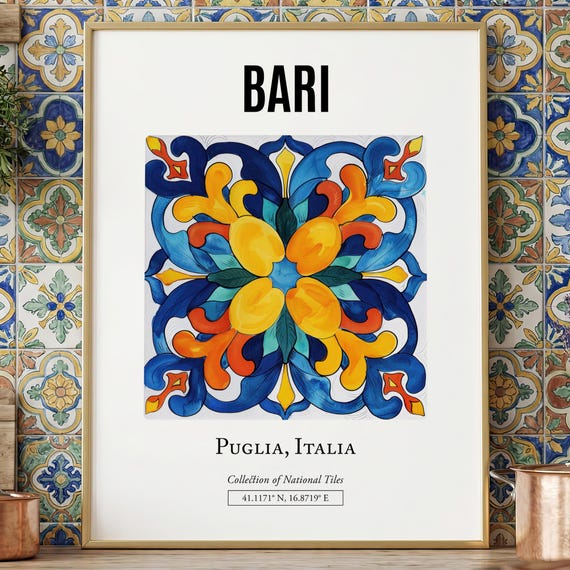 Puglia Italy Tile Art Print: Traditional Maiolica Folk Decor