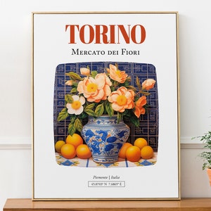 Torino (Piemonte, Italia) Mercato dei Fiori, ramo de camelia en jarrón de mayólica, póster impreso artístico para pared