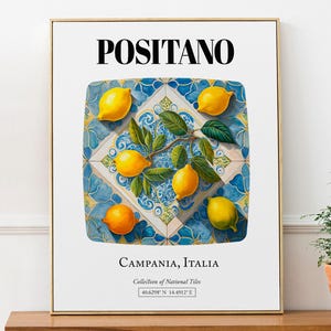 Positano, Campania, Italy, Colorful Yellow Lemons Tile Pattern Aesthetic Wall Art Decor Print Poster